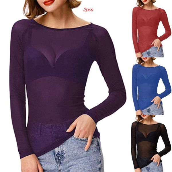 

women's blouses & shirts home&nest 2pcs see-through long sleeve seamless arm shaper and ladies mesh casual blouse, White