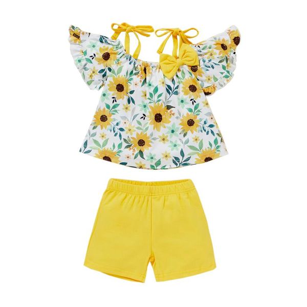 

clothing sets toddler girls 2pcs summer clothes, off shoulder tie strap floral + shorts set 6m-4t, White