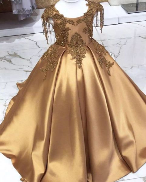 Gold Kristall Langes Blumen Mädchen Kleid Festzug Kleider Perlen 2021 Kleinkind Säuglingskleidung Kleine Kinder Geburtstagskleider