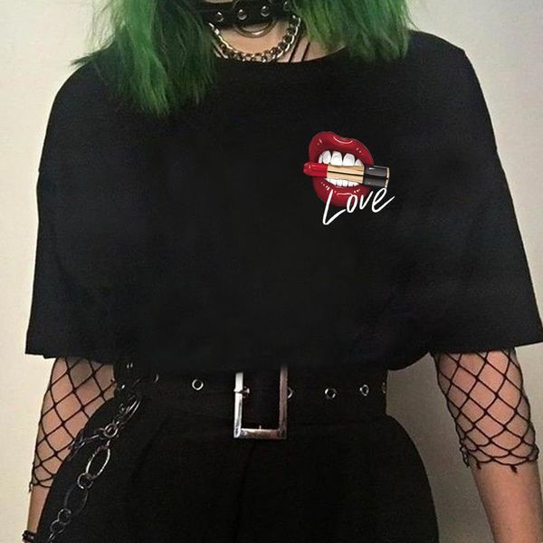 

casual black red mouth lip love print t shirts base o-neck short sleeve women tshirt all-match tee girls shirt, White