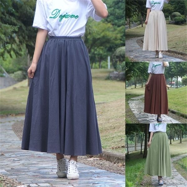 

women vintage elastic waist skirt ladies cotton linen long a-line solid ankle-length empire casual skirts 210310, Black
