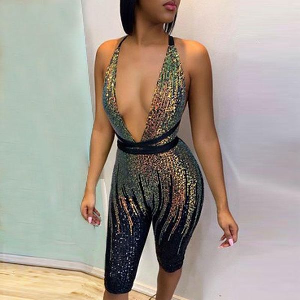 

women's jumpsuits & rompers sequin women backless deep v neck playsuits summer party short bodycon jumpsuit 2021 overalls, Black;white