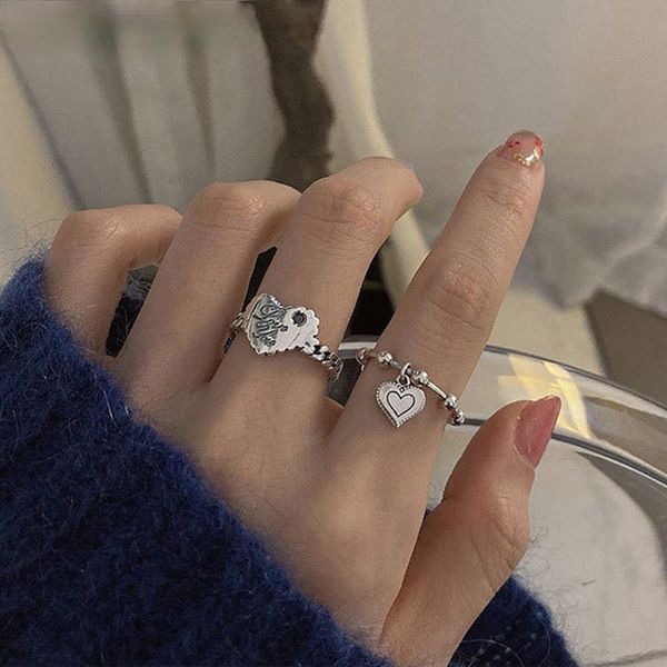 

cluster rings 925 sterling silver love heart for women couples fashion simple chain geometric birthday party jewelry gifts, Golden;silver