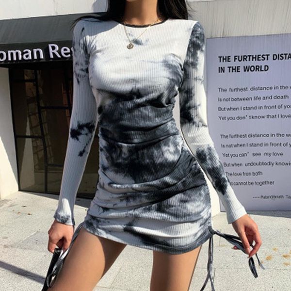 

2021 new women tie-dye print bodycon spring autumn long sleeve mini girls o-neck slim es clubwear t3zg, Black;gray