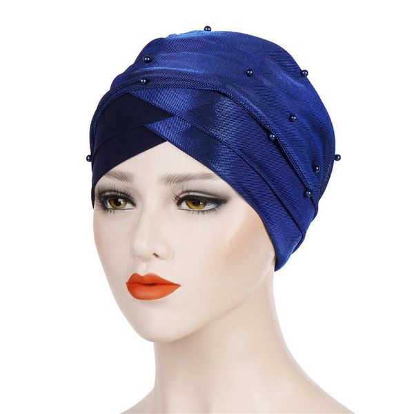 

beanie/skull caps two-color stitching beaded decorative headscarf cap personality fashion bright silk cloth toe for female, Blue;gray