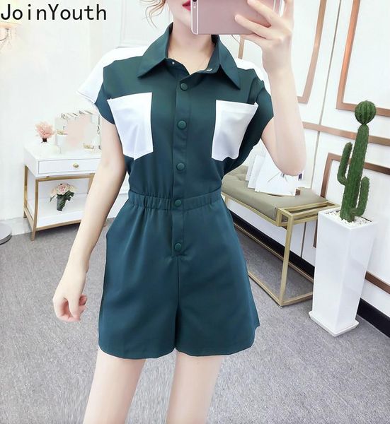 

women's jumpsuits & rompers neploe women hit color causal playsuits 2021 summer korean short sleeve bodysuits buttons turn down collar, Black;white