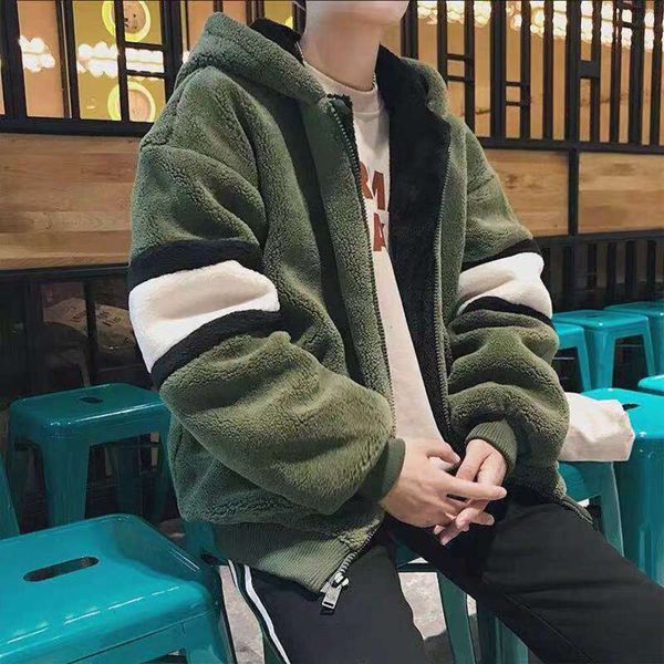 

thickened lamb young people's plush korean 2020 trend hooded men's jacket, winter cotton padded, Black;brown