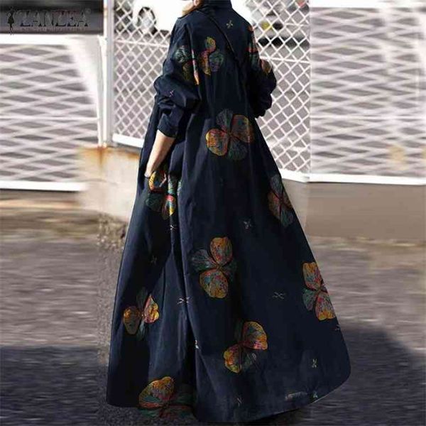 

zanzea 2021 womens printed sundress kaftan spring maxi dress casual long sleeve shirt vestidos female lapel robe oversized 5xl, Black;gray