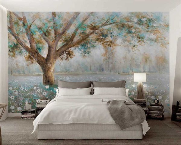 

wallpapers wellyu customized 3d mural painting a tree in the wilderness fresh oil wild flowers wallpaper landscape background wall