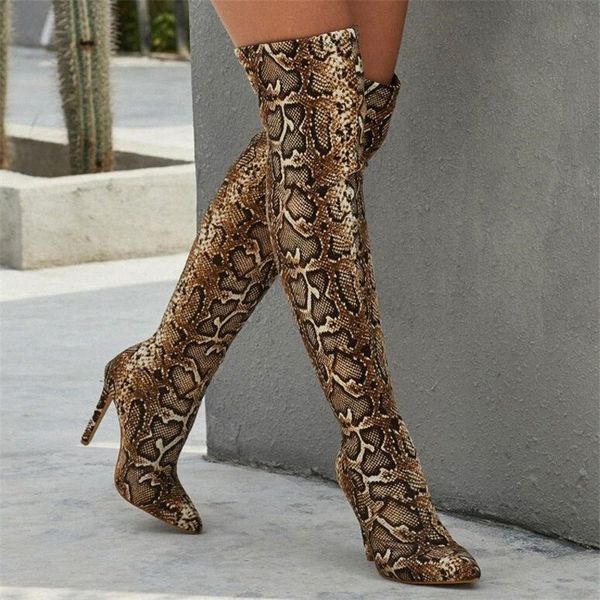 

women boots high heels pointed toe snake pattern high boots over the knee slim tight socks party boot pumps lady boot knee high boots p60r#, Black
