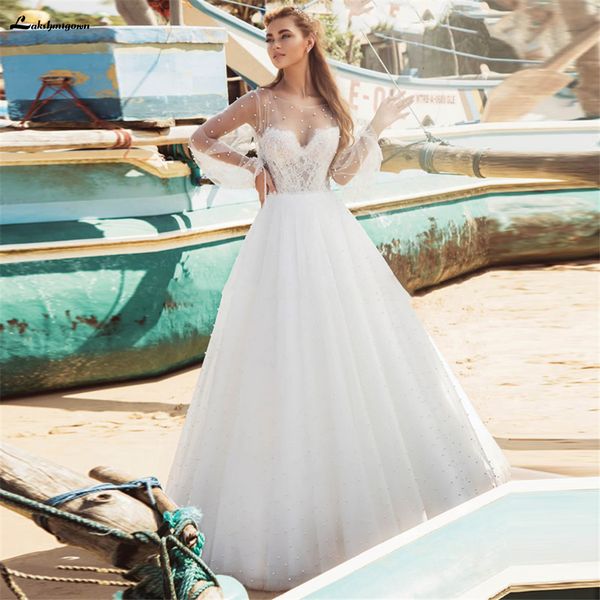 

2021 new scoop long sleeves pearls beaded a-line wedding es bridal gowns custom online formal robe de mariee pleated luxurious 2hhn, White