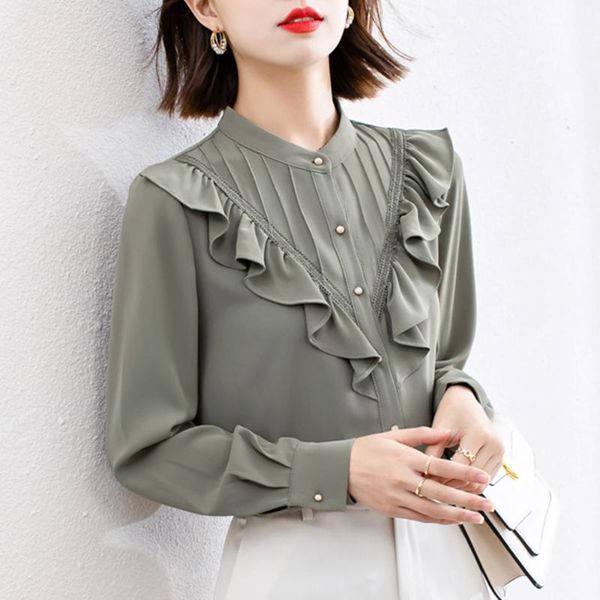 

women's blouses & shirts blouse women autumn ladies shirt korean fashion stand collar solid slim long sleeve sweet color chiffon girl j, White