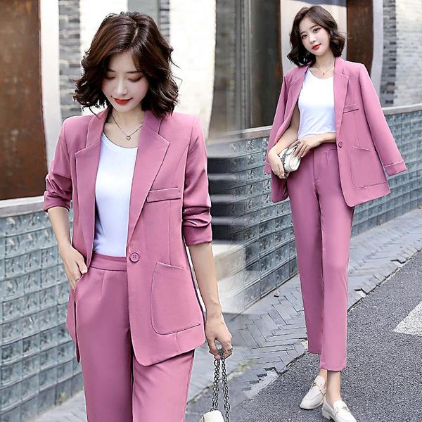 

women's two piece pants 2021 autumn spring women sets full sleeve blazer coat +long pencil trousers lady 2 pieces suits, White