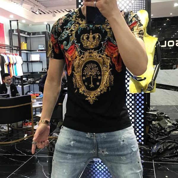 

men's t-shirts 2021 royal englan golden rhinestone pattern hip hop fashion slim short sleeve luxury t-shirt, White;black