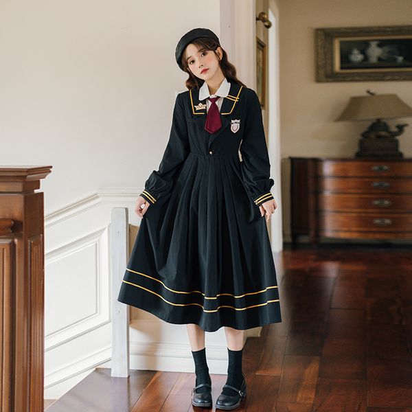 

dressed in retro-elegant japanese style preppy-style jk uniform long lolita dress autumn feminine fashion fairy ltjc, Black;gray