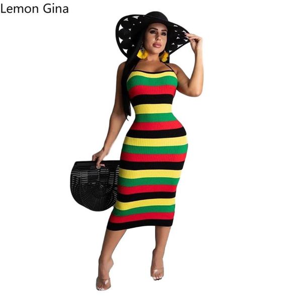 

casual dresses lemon gina women rainbow striped print sleeveless bodycon midi tank dress club party bandage halter neck vestidos, Black;gray