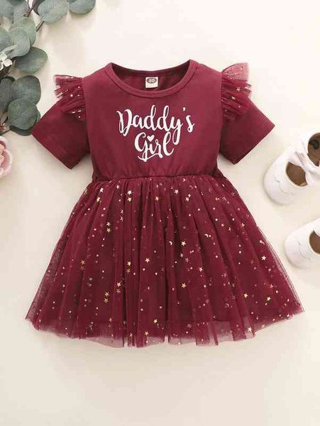 

baby letter graphic contrast star mesh ruffle trim dress she, Red;yellow