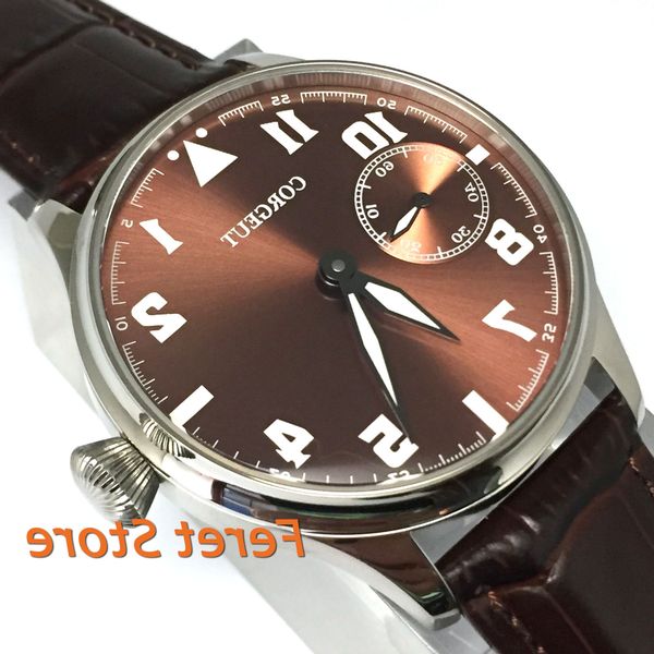 

44mm corgeut stainless steel case coffee dial green luminous 6497 hand winding leather strap mens watch c20, Slivery;brown