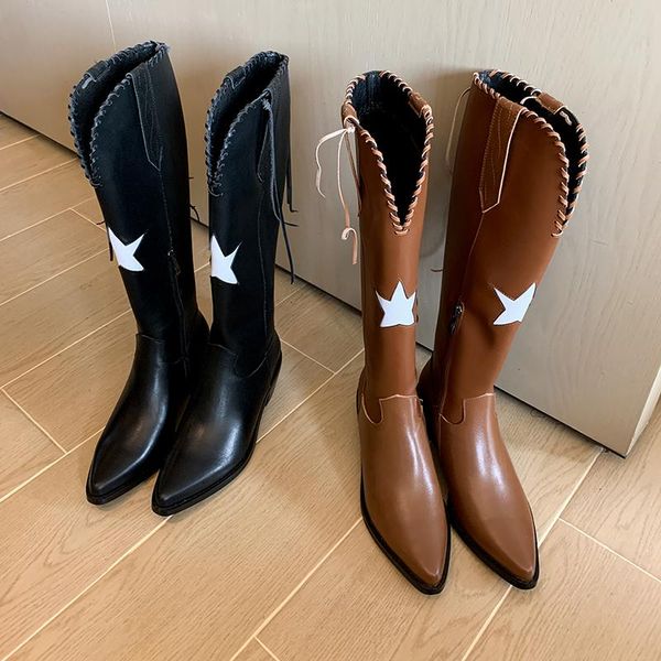 

boots qzyerai winter women real leather western long shoes pointed toe knee high warm, Black