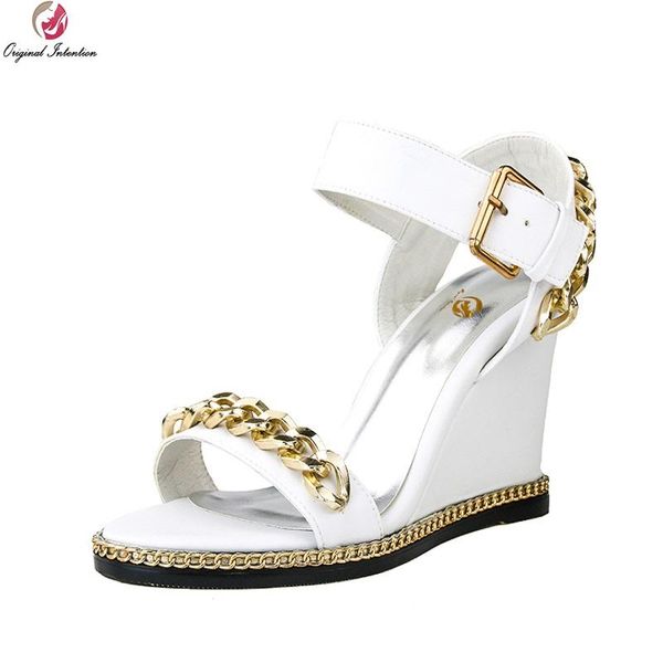 

original intention high-quality women sandals cow leather fashion open toe wedges black white shoes woman plus size 3-.5