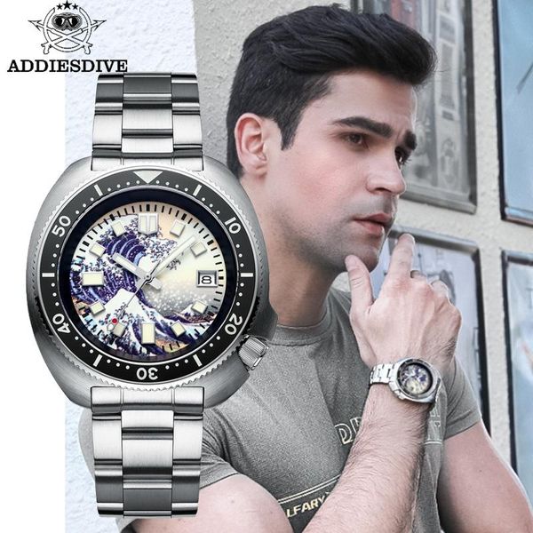 

wristwatches addiesdive men's automatic watch 200m diver luminous japan nh35 movement mechanical watches kanagawa ocean wave dial, Slivery;brown