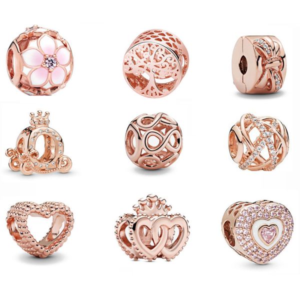 

s925 sterling silver rose gold double hearts hollow diy beads charms adapting original pandora bracelets diy jewelry for women making, Bronze;silver