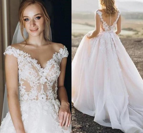 

gorgeous a line wedding dresses bridal gown 2022 sweep train plus size lace applique off the shoulder illusion covered buttons back vestido, White