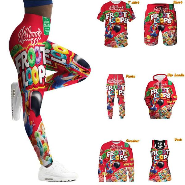 Camisolas femininas com capuz Design unissex Froot Loops Cereal Engraçado Estampa 3d Casual Moletons/calças/ves-shirt/suéter/shorts Plus Size