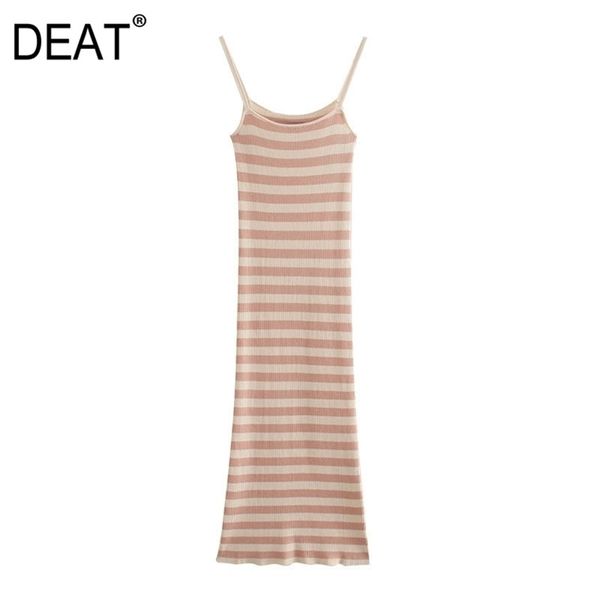 

[deat] women knitting slash neck high waist knee-length sleeveless stripe sling dress autumn spring fashion 13c373 210527, Black;gray