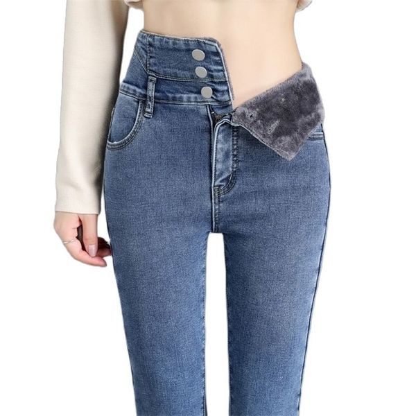 Inverno mulheres engrossar trecho skinny fleece jeans mulher mulher cintura alta botão preto quente jeans senhora vintage denim lápis coreano calça 211206