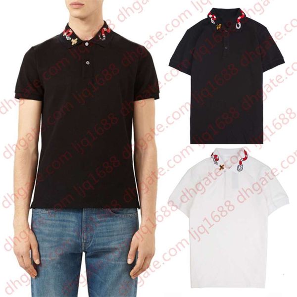 

men's turn neck stretch polo shirt with multi snake embroidery summer polos casual short sleeve, White;black