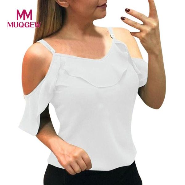 

jtfan off shoulder t shirt women 2021 summer solid strappy ruffle women tshirt casual chiffon fashion #g8, White