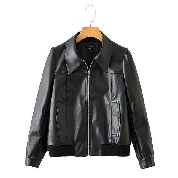 

2021early spring 2021 new fashion lapel long sleeve locomotive hem elastic design small leather coat women's wear, Black