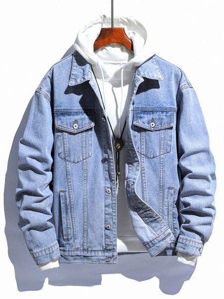 

men flap detail drop shoulder denim jacket t4qr#, Blue