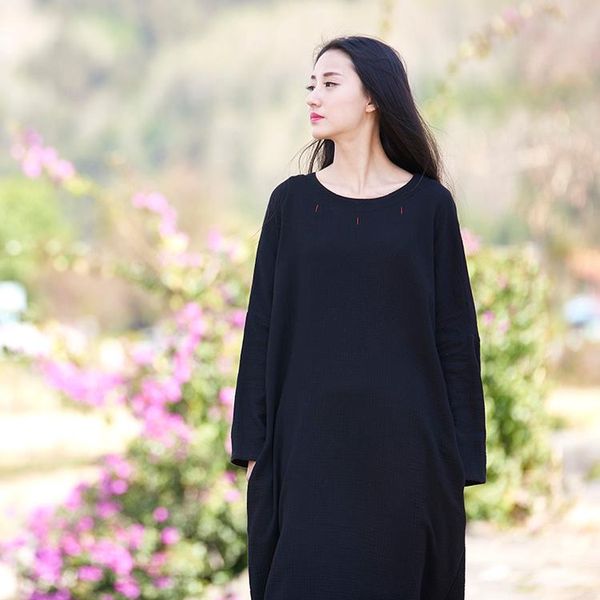 

casual dresses plus size l-5xl embroidery maxi dress women loose cotton linen o-neck long sleeve vintage 2021 autumn robes fas, Black;gray
