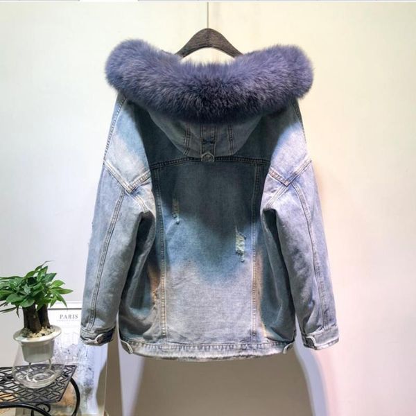 

women's fur & faux winter fashion warm natural collar coat + real hair liner denim jacket female hooded thick outwear f705, Black
