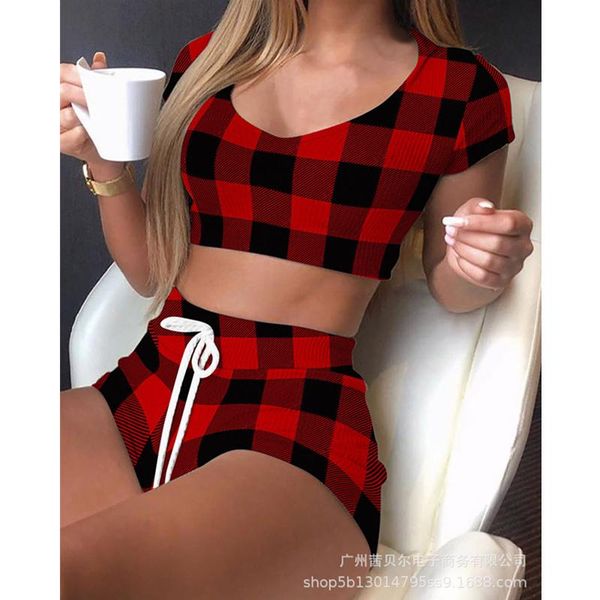 

women's tracksuits wepbel plaid tracksuit shorts set ladies sport crop + drawstring elastic high waist two piece outfits, Gray