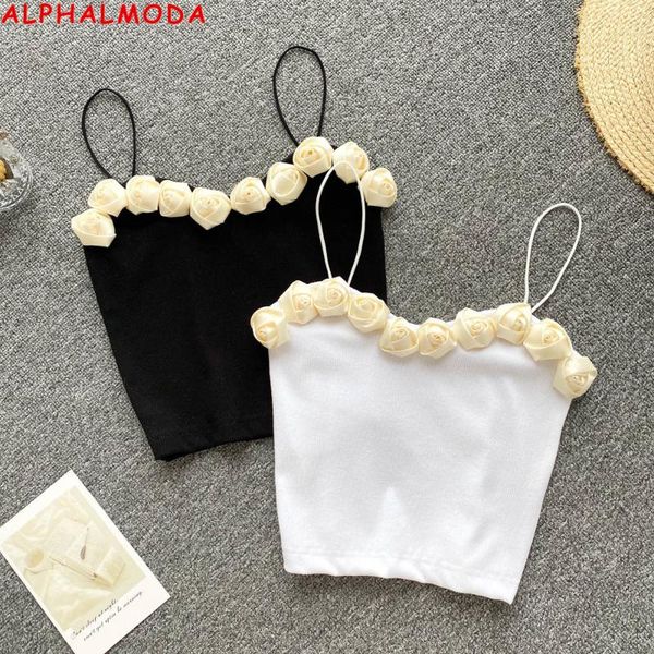 

women's tanks & camis alphalmoda 2022 summer floral trim ladies slim sling 3d flowers sweet underwear black white crop