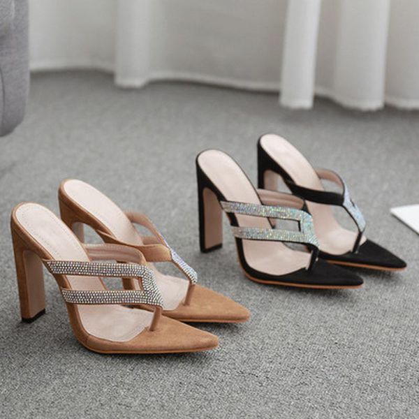 

sandals pzilae summer women flip flops trendy bling rhinestone high heels shoes pointed toe slippers black pumps party