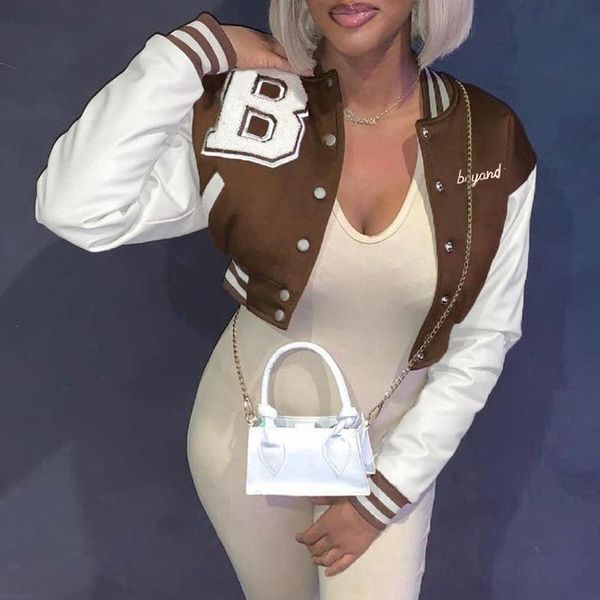 

women's jackets 2021 patchwork cropped baseball jacket varsity women autumn winter 90s casual oversized fashion coat, Black;brown