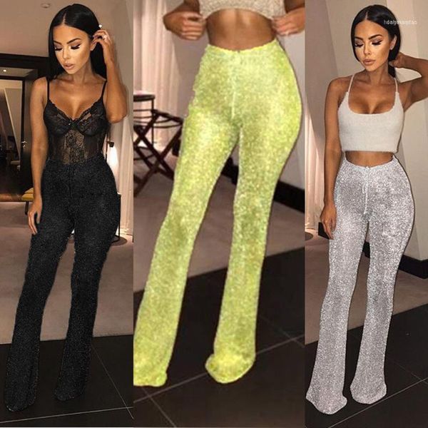 Calças femininas Capris mulheres Bell Bottle Lantejoulas Long Pant Sparkly Glitter Lantejoulas Alto Cintura Sexy Clubwear Calças de Perna Ampla para Mulher1