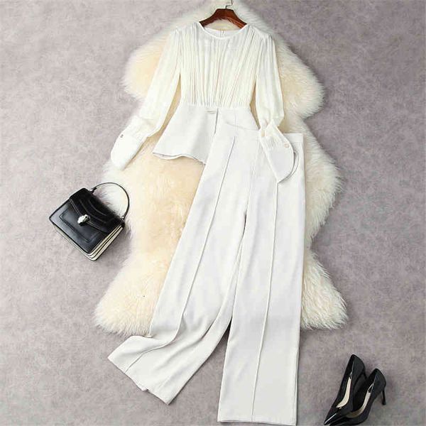 

women's two piece pants autumn elegant women office 2 outfits long trousers suit sleeve chiffon patchwork blouses + black sets r8wt, White