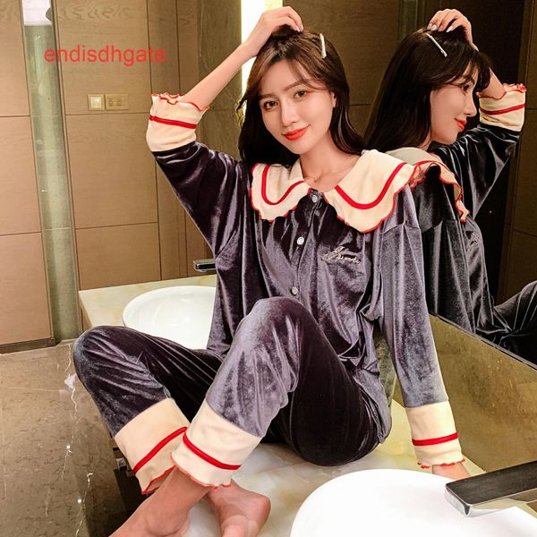 

pajamas velvet autumn women's and doll collar winter suit can be worn out princess style simple home clothes, Black;white