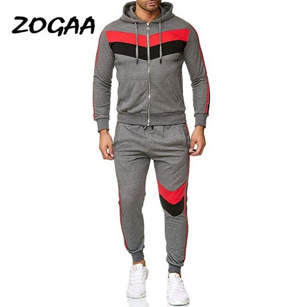 

zogaa sets men new fitness leisure patchwork fashion cardigan hooded suits drawstring youth large size all-match simple, Gray