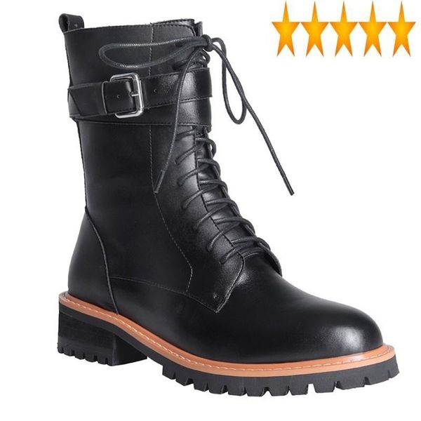 

boots buckle up belt motorcycle lace womens knight genuine leather cowhide black round toe side zip british thick bottom
