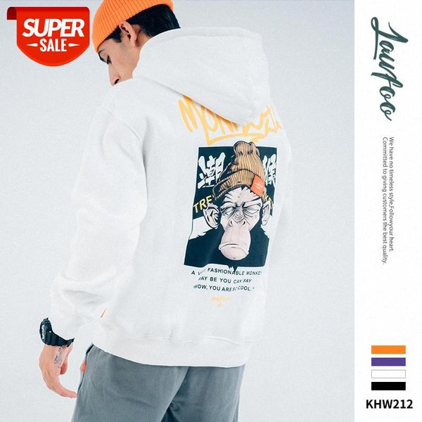 

lawfoo big monkey print men's plus velvet loose hooded sweatshirt #aw6x, Black