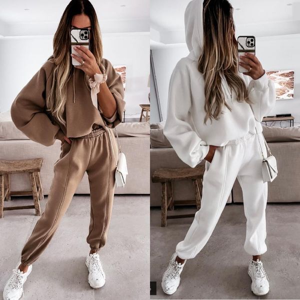 

women's two piece pants tracksuits fleece hoodies set 2021 spring autumn lace up sweatshirts sets female casual sports suits, White