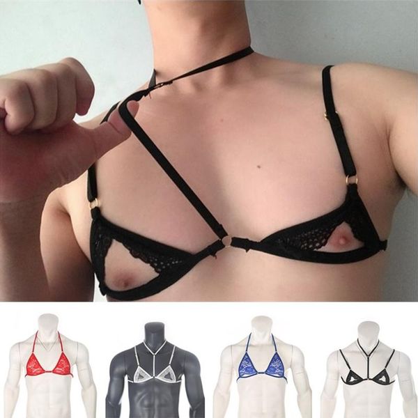 

bras sets mens sheer lace lingerie exotic open gay sissy nightwear halter neck adjustable straps wire-unlined mini bra top, Red;black