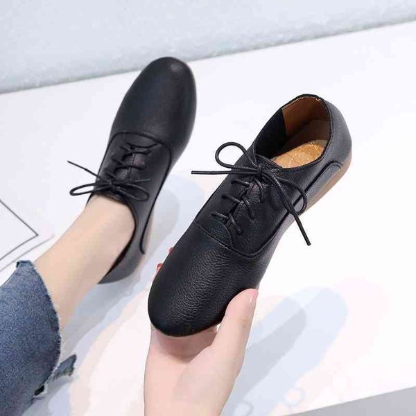 

2021 spring women oxford shoes ballerina flats genuine leather moccasins lace up loafers white, Black