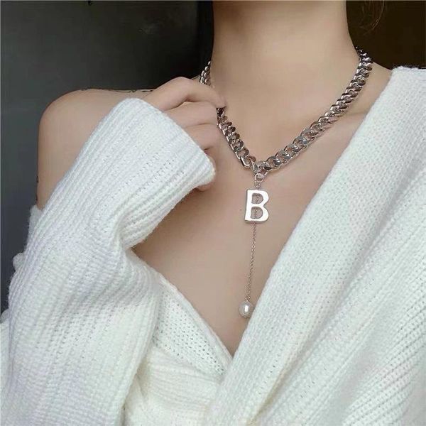 

chains punk b letter pendant pearl necklace for women sweater chain korean style jewelry accessories trend all-match, Silver